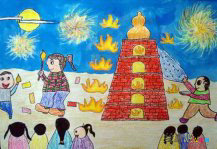 中秋节儿童画：中秋节燃宝塔灯