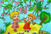 儿童画春天：花开遍野