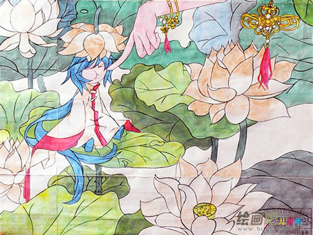 水粉画：露出嫩黄色的小莲蓬