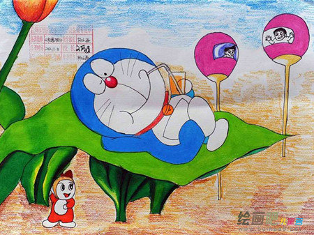 水粉画:休闲的机器猫 水粉画:休闲的机器猫