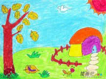 儿童画秋天：秋风中的花儿