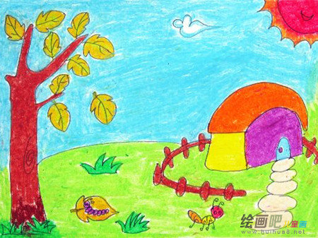 儿童画秋天：秋风中的花儿