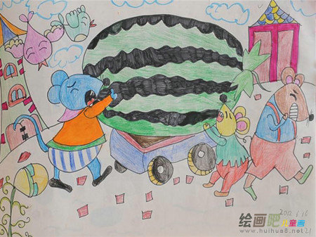 水彩画:小老鼠运西瓜 水彩画:小老鼠运西瓜