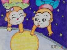 水彩画：猴子捞月的故事