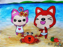 水彩画：欢乐的海滩行