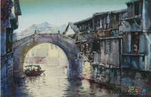 水彩画：江南拱桥风景水彩画
