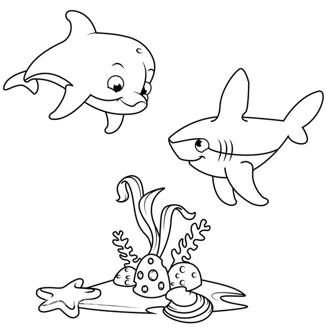 海底世界简笔画之可爱的海豚和鲨鱼的简单画法