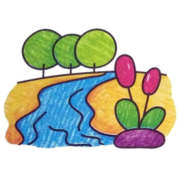 河畔风景简笔画彩色图片