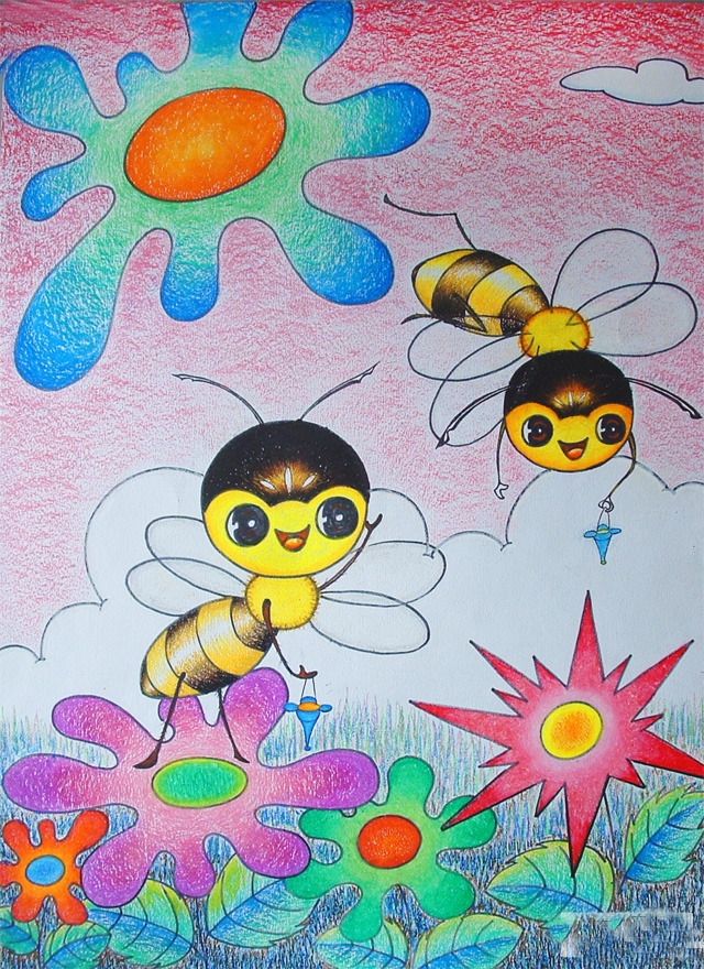 优秀儿童画油画棒作品图片_小蜜蜂采蜜忙