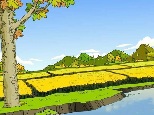 幼儿园秋天儿童画教师范画_金色的田野