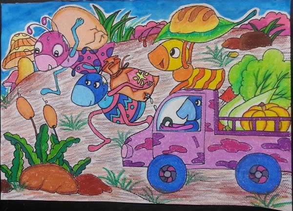 可爱的小动物儿童画:小蚂蚁运粮食