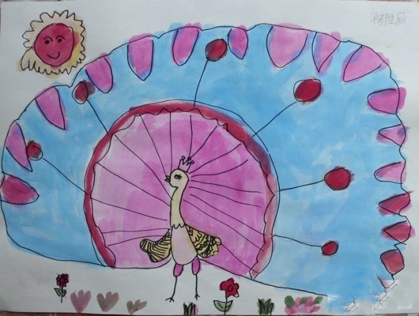 水彩孔雀儿童画美术作品：孔雀开屏