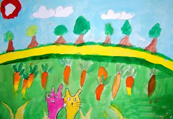 幼儿园小班动物水彩画儿童画欣赏：小兔子吃萝卜