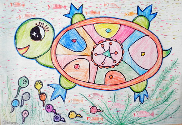 油画棒动物画儿童图画作品_小蝌蚪找妈妈