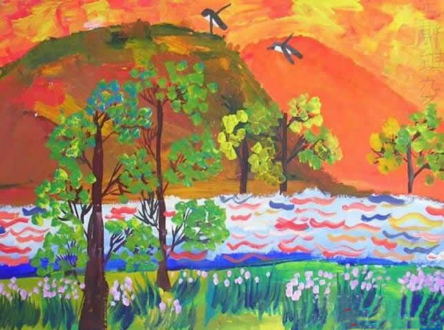 儿童画秋天的图画：秋天美丽的景色/水粉画图片