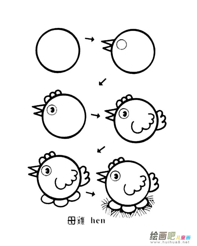 圆形卡通母鸡简笔画步骤图