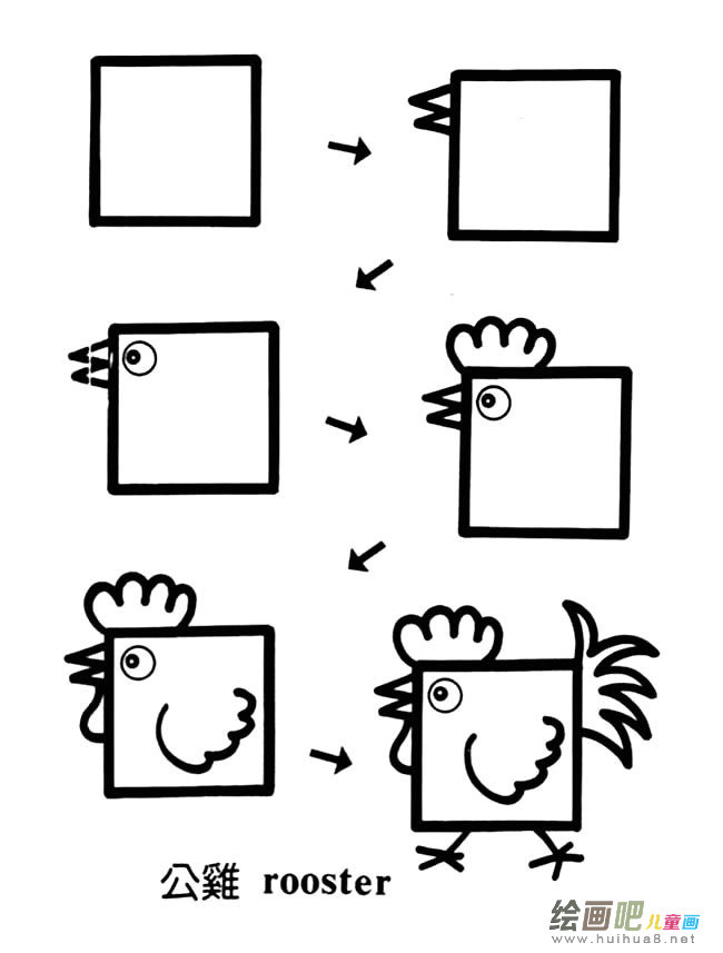 方形卡通公鸡简笔画步骤图