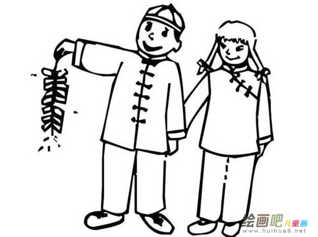 放鞭炮的男孩女孩简笔画人物