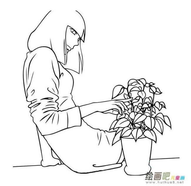 看花的美女简笔画图片大全