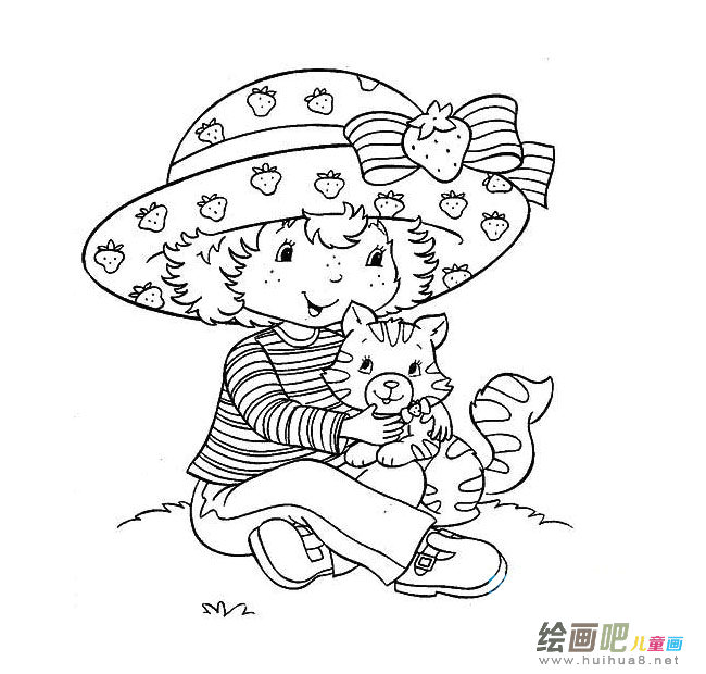 抱着猫咪的小女孩简笔画图片大全