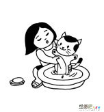 小女孩给猫咪洗澡简笔画步骤图片大全