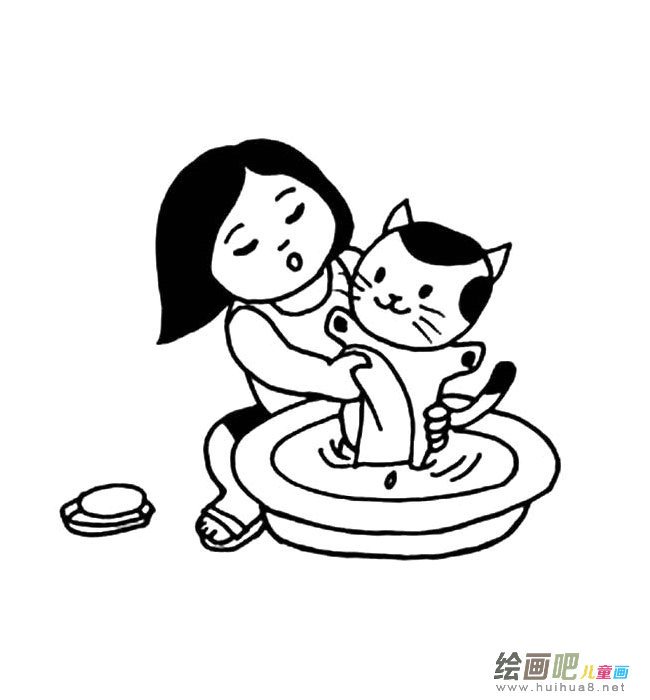 小女孩给猫咪洗澡简笔画图片大全