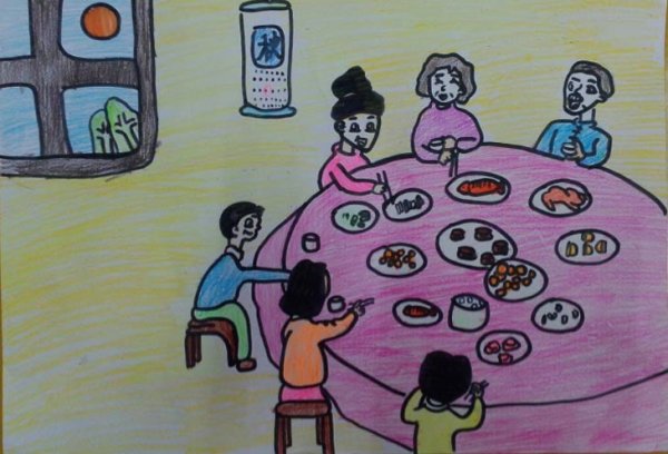 中秋节团圆饭8-12岁儿童画/油棒画图片