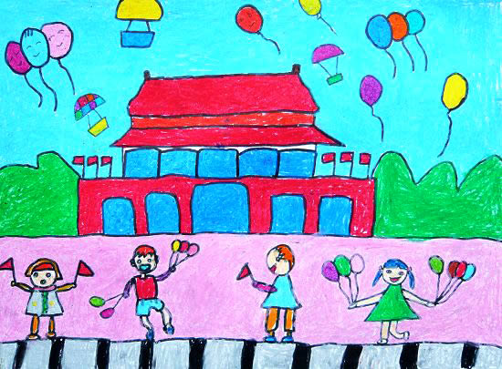 小学生国庆节画画图片 我爱北京天安门/油棒画图片