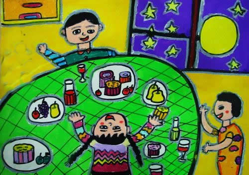 团圆过中秋儿童画简画 中秋儿童画/油棒画图片