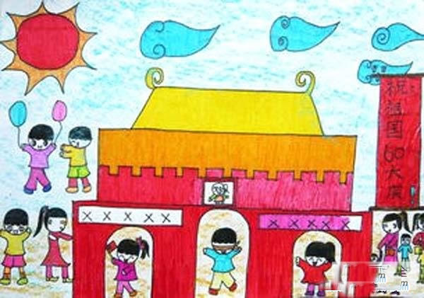 幼儿园中班天安门儿童画图片 国庆儿童画作品欣赏