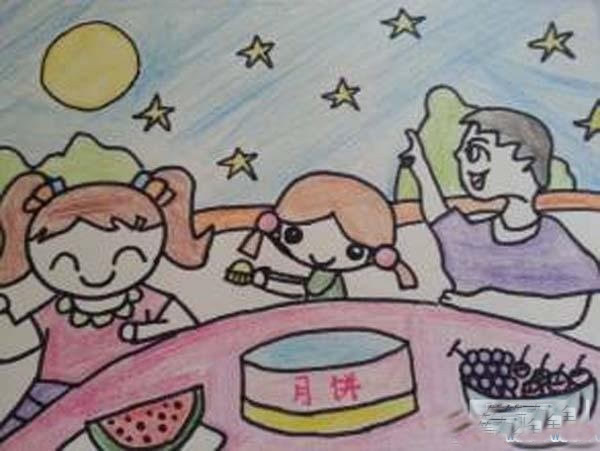 关于中秋吃月饼的儿童画绘画作品欣赏