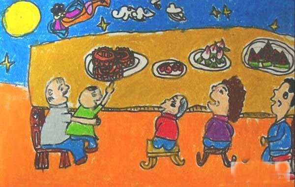 中秋节团圆场景儿童画作品图片