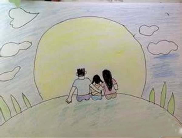 中秋节图片小学生画 我和爸爸妈妈一起赏月