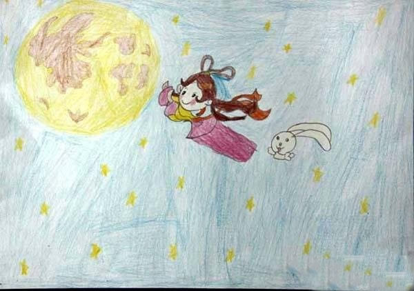中秋节嫦娥奔月的画 中秋节主题儿童画作品