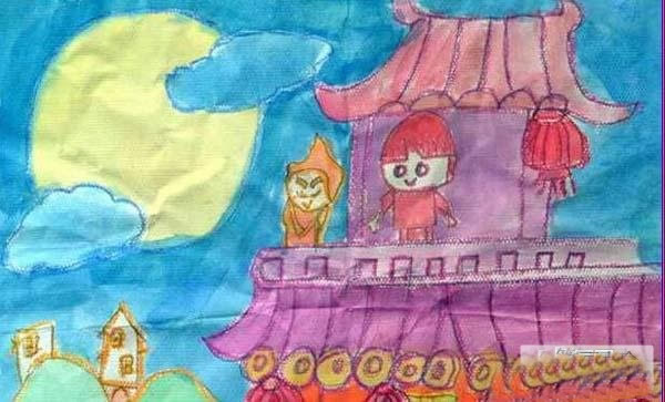 关于中秋节的儿童画水彩画图片：登高望月