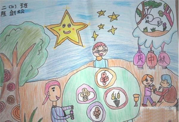 二年级中秋节家人团圆绘画 庆中秋儿童画图片