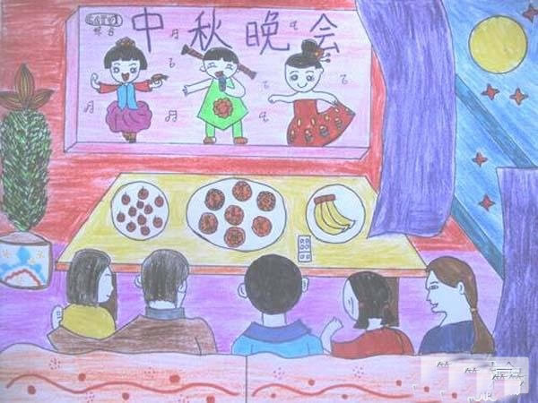 一家人看中秋晚会 中秋节儿童画绘画作品欣赏