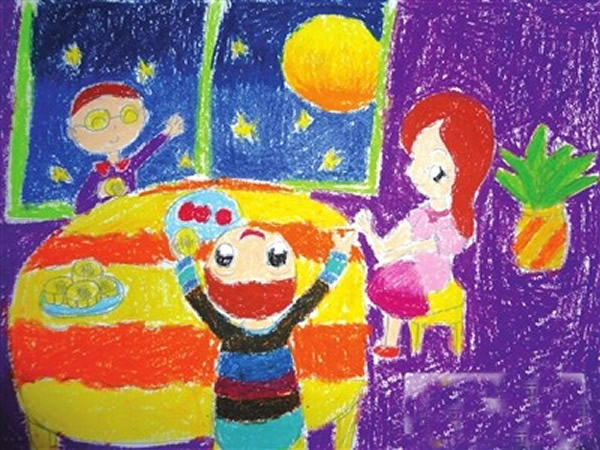 小学五年级中秋节儿童画 中秋吃团圆饭/蜡笔画图片