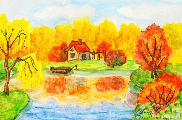 秋天的风景儿童画图片 小屋外的秋色好看的秋天画
