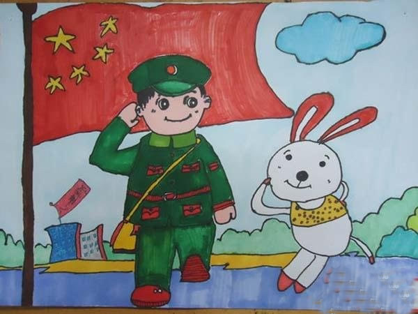 二年级八一建军节儿童画图片 向国旗敬礼儿童画
