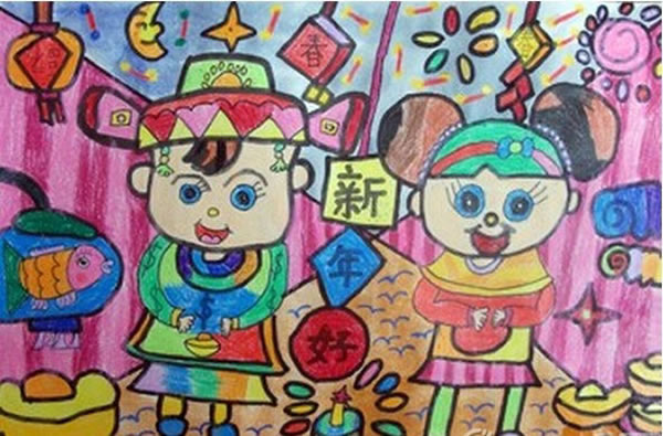 关于春节的儿童画 张灯结彩迎新年/水彩画图片