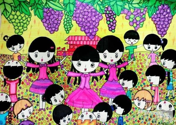 小学生国庆节儿童画画作品欣赏:葡萄丰收庆国庆