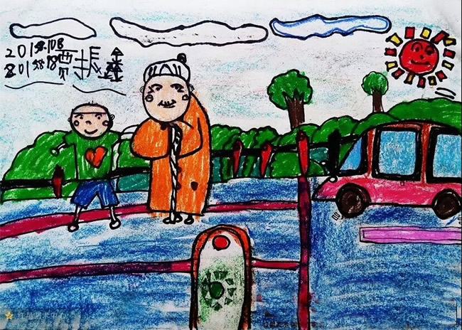 小学生重阳节尊老爱老主题儿童画作品 扶老奶奶过马路