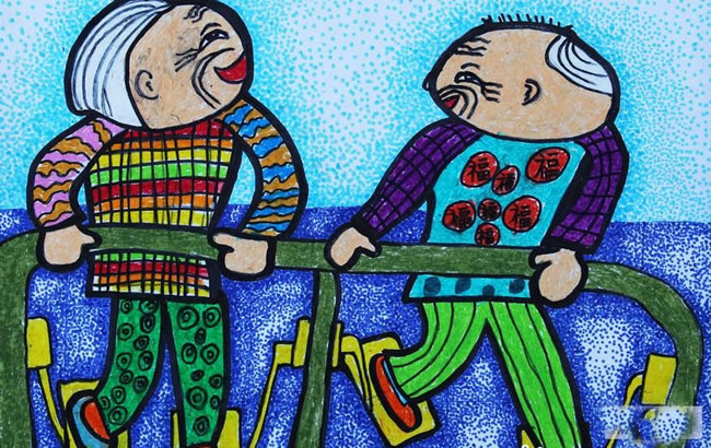 九九重阳节爱老敬老主题儿童画图片 爷爷奶奶在锻炼