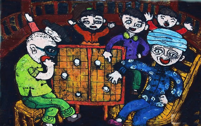 儿童画重阳节的图画作品欣赏 看爷爷下棋