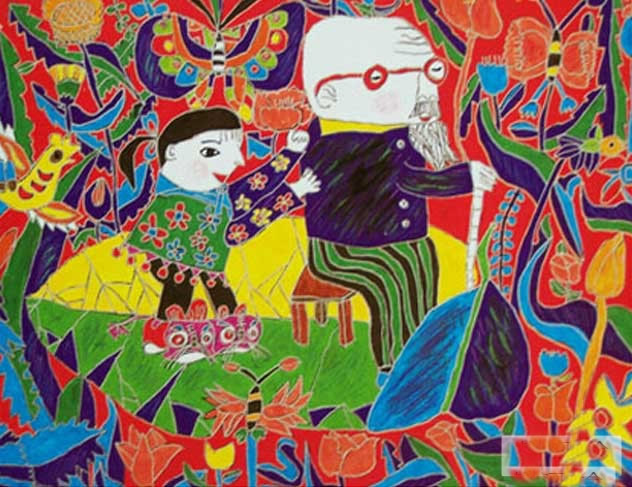 重阳节帮爷爷奶奶捶背绘画 小学生儿童画优秀作品欣赏