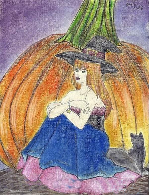 万圣节女巫儿童画彩色铅笔画获奖作品欣赏
