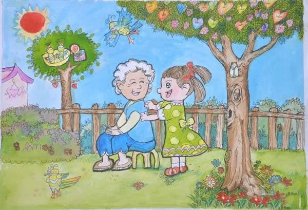 重阳节主题一等奖儿童画获奖作品之我给奶奶捶背