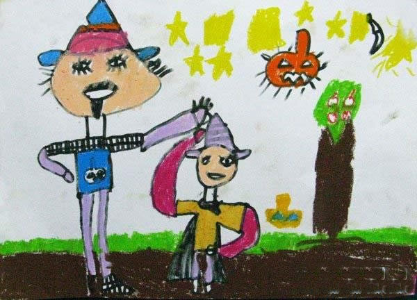 幼儿园小班关于万圣节人物儿童画作品：我和爸爸过万圣节