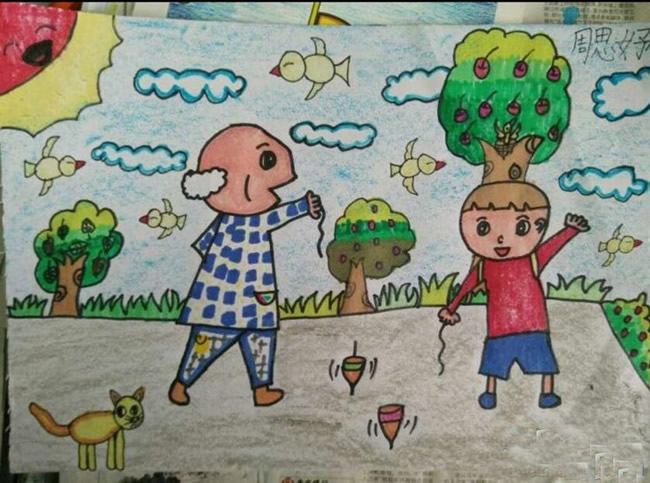 小学五年级重阳节儿童画美术作品_我和爷爷一起晨练